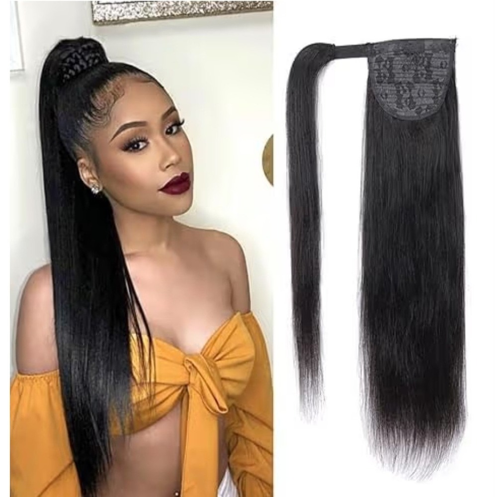24 Inch Human Hair Blend Wrap Around Ponytail Natural Black Straight NEW